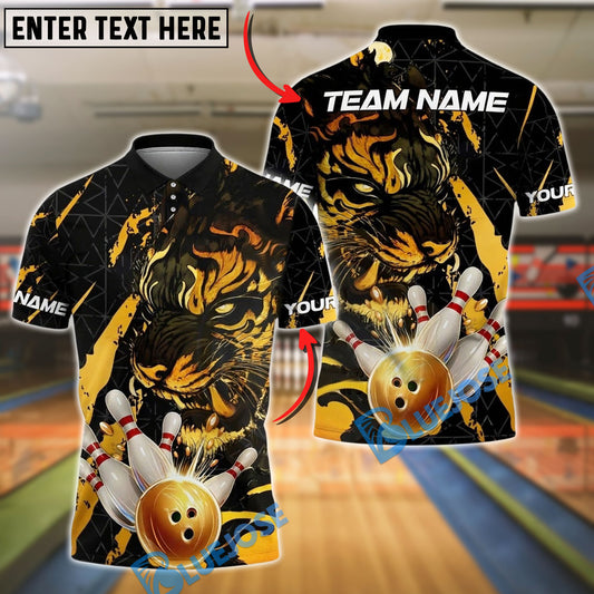 BlueJose Bowling And Pins Tiger Golden Ball Striking Pins Customized Name, Team Name 3D Shirt (4 Colors)
