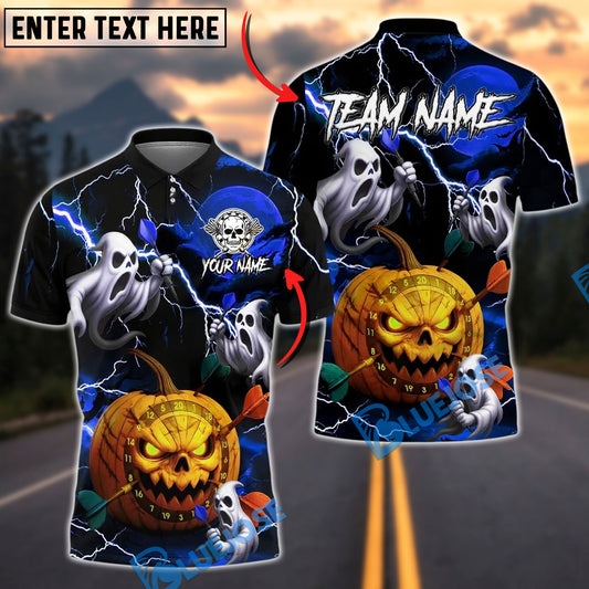 BlueJose Darts Halloween Pumpkin Ghost Lightning Customized Name, Team Name 3D Shirt (4 Colors)