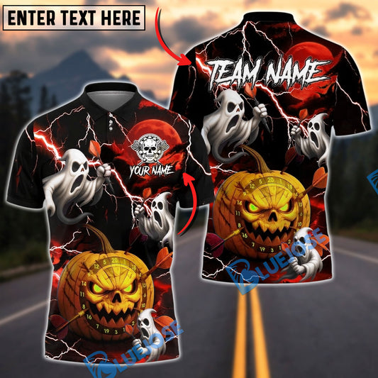 BlueJose Darts Halloween Pumpkin Ghost Lightning Customized Name, Team Name 3D Shirt (4 Colors)