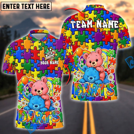 BlueJose Darts Autism Puzzle Bears Design Personalized Name, Team Name Shirt