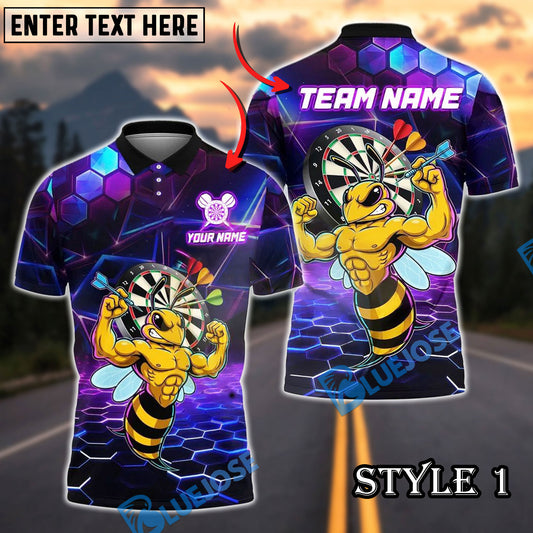 BlueJose Darts Angry Bee Hex Neon Pattern Customized Name, Team Name 3D Shirt (4 Colors)