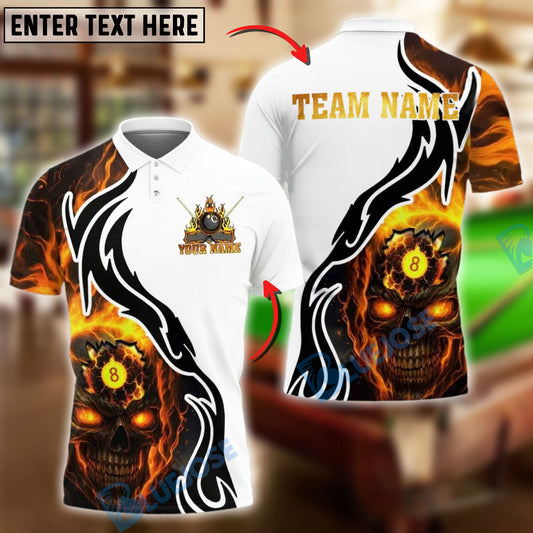 BlueJose Billiards Ball 8 Skull Head Fire Burst Personalized Name, Team Name Unisex Shirt (4 Colors)