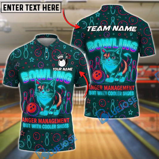 BlueJose Bowling Neon Cat Anger Management Edition Customized Name, Team Name 3D Shirt (4 Colors)