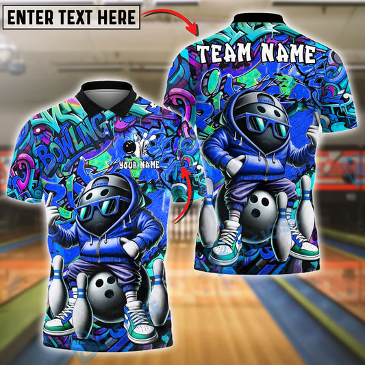 BlueJose Bowling And Pins Cool Graffiti Ball Character Customized Name, Team Name 3D Shirt (4 Colors)