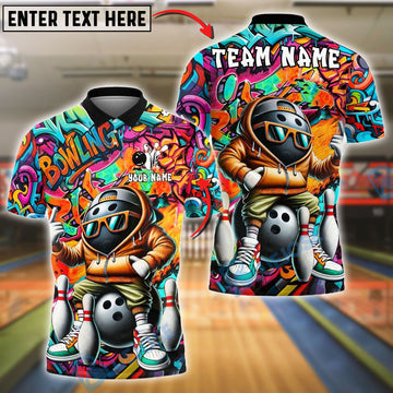 BlueJose Bowling And Pins Cool Graffiti Ball Character Customized Name, Team Name 3D Shirt (4 Colors)