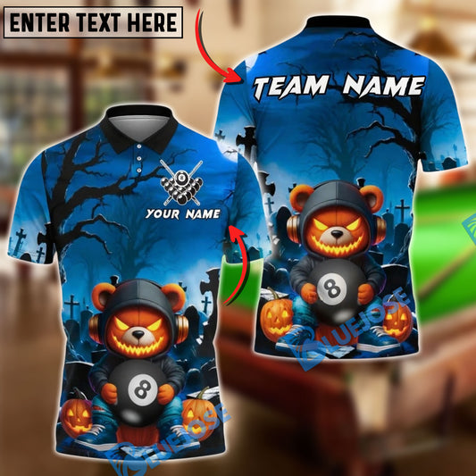 BlueJose Billiards 8 Ball Halloween Bear Pumpkin Personalized Name, Team Name Unisex Shirt (4 Colors)