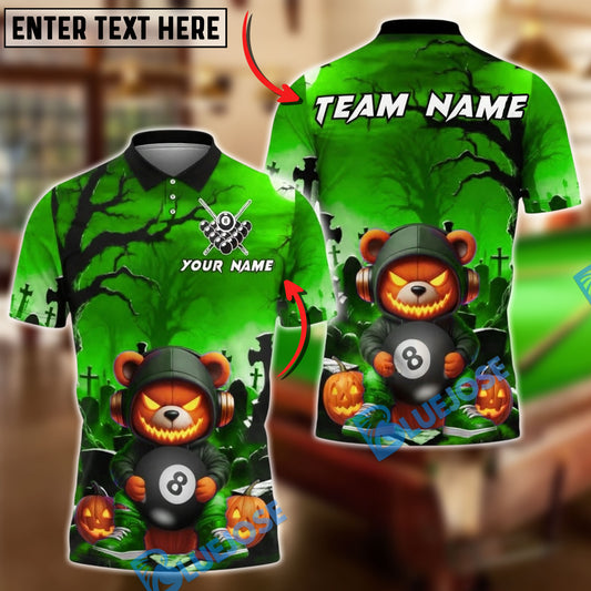 BlueJose Billiards 8 Ball Halloween Bear Pumpkin Personalized Name, Team Name Unisex Shirt (4 Colors)