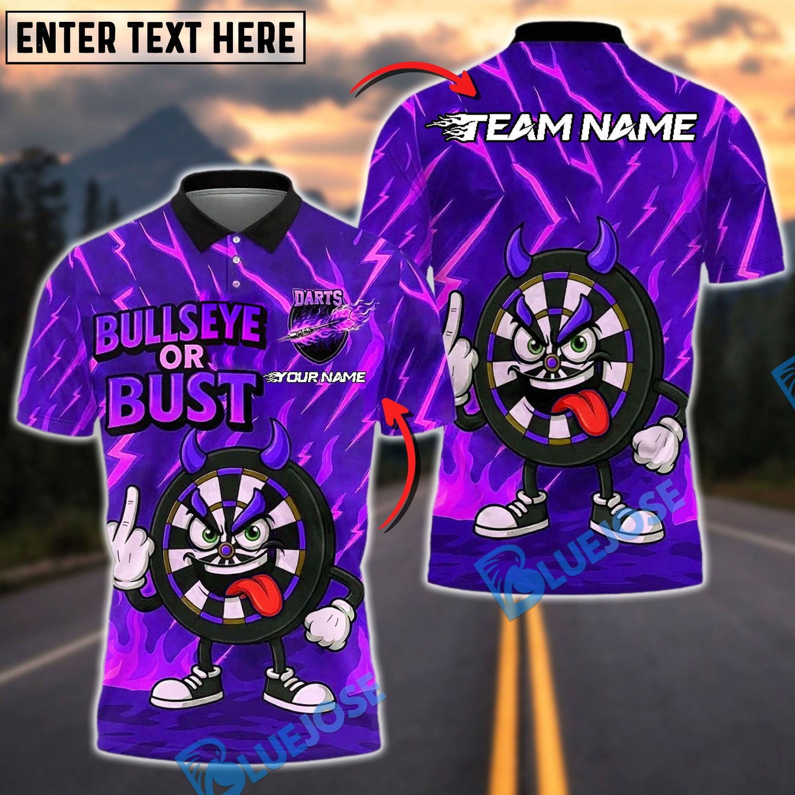 BlueJose Darts Devil Cartoon Dartboard Bullseye Customized Name, Team Name 3D Shirt (4 Colors)