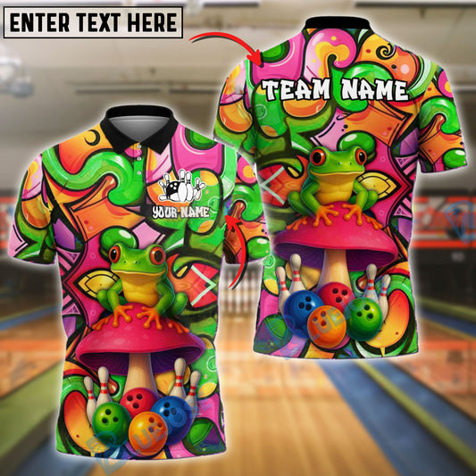 BlueJose Bowling And Pins Frog Mushroom Graffiti Customized Name, Team Name 3D Shirt (4 Colors)