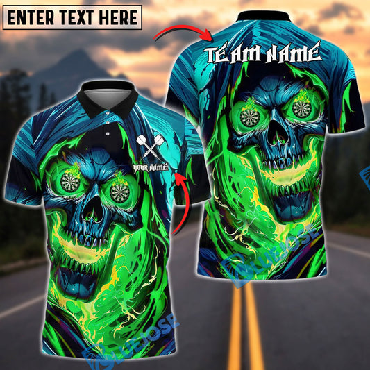 BlueJose Darts Fiery Inferno Skull With Flaming Dartboard Eyes Customized Name, Team Name 3D Shirt (4 Colors)