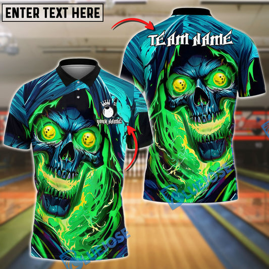 BlueJose Bowling Fiery Inferno Skull With Glowing Eyes Customized Name, Team Name 3D Shirt (4 Colors)