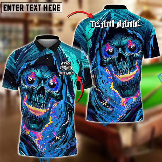 BlueJose Billiards Fiery Inferno Skull With Burning 8 Ball Eyes Personalized Name, Team Name Unisex Shirt (4 Colors)