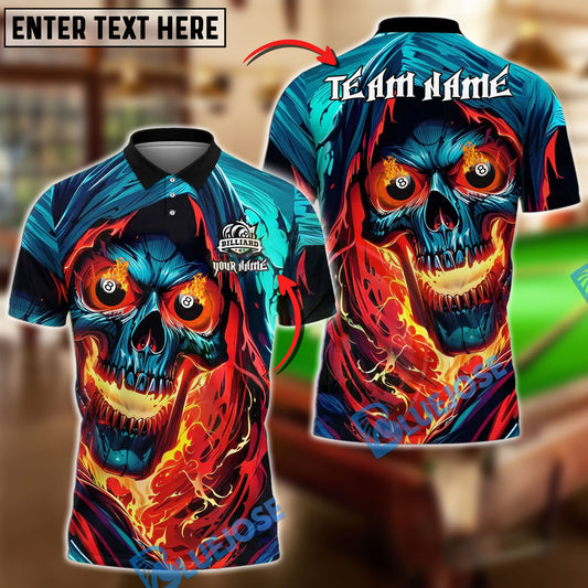 BlueJose Billiards Fiery Inferno Skull With Burning 8 Ball Eyes Personalized Name, Team Name Unisex Shirt (4 Colors)
