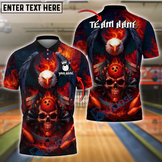BlueJose Bowling And Pins Flaming Eagle Skull Fireball Customized Name, Team Name 3D Shirt (4 Colors)