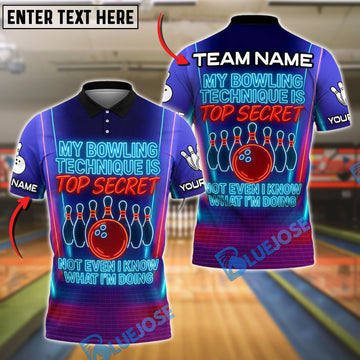 BlueJose Neon Bowling Quote Shirt – "Top Secret" Customized Name, Team Name 3D Shirt (4 Colors)