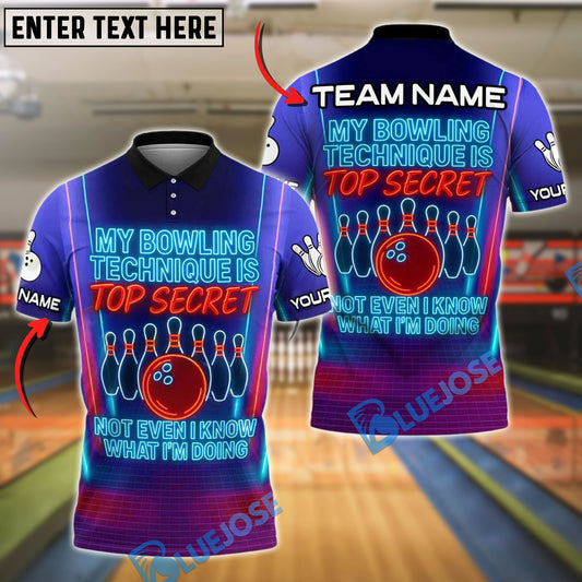 BlueJose Neon Bowling Quote Shirt – "Top Secret" Customized Name, Team Name 3D Shirt (4 Colors)