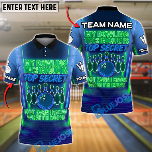 BlueJose Neon Bowling Quote Shirt – "Top Secret" Customized Name, Team Name 3D Shirt (4 Colors)