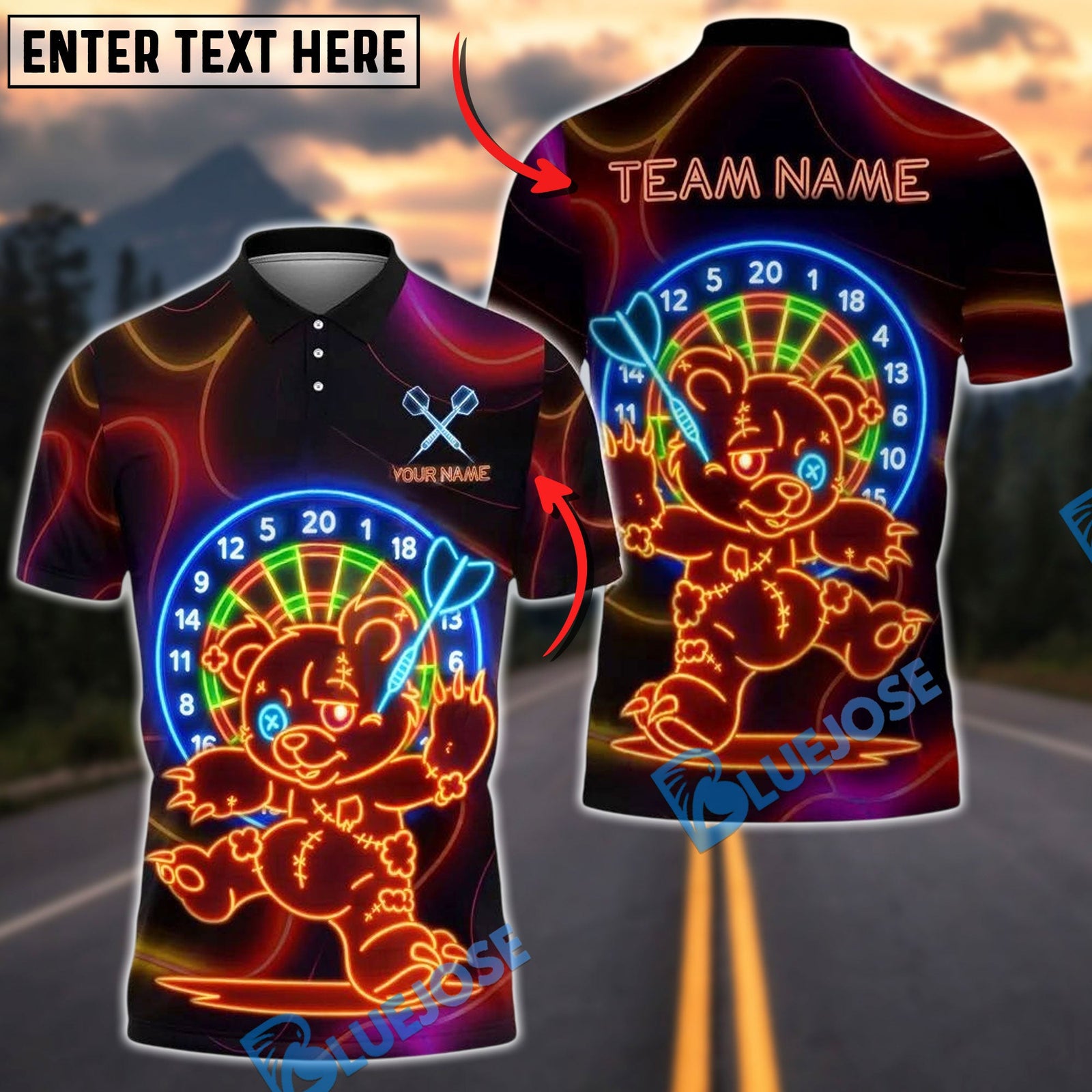 BlueJose Darts Neon Dartboard Bear Running Customized Name, Team Name 3D Shirt (4 Colors)
