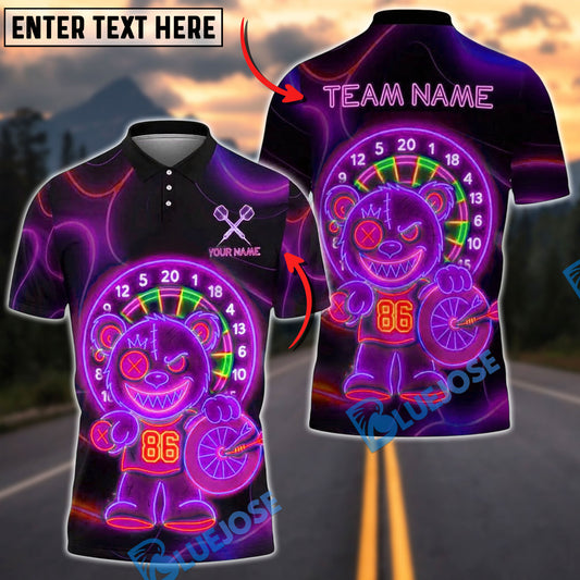 BlueJose Darts Neon Dartboard Bear Holding Darts Customized Name, Team Name 3D Shirt (4 Colors)