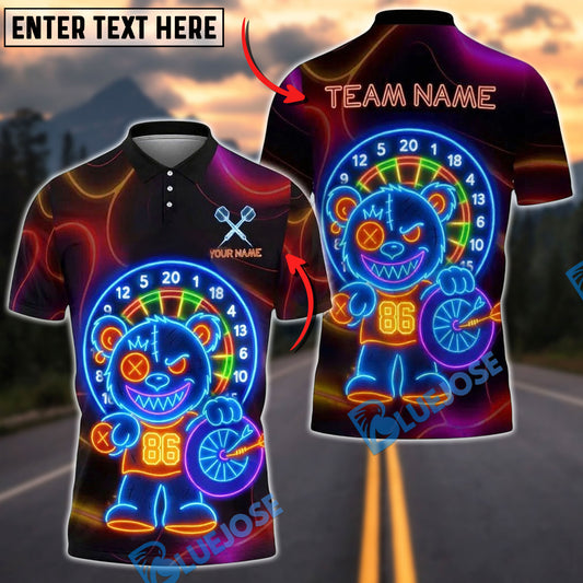 BlueJose Darts Neon Dartboard Bear Holding Darts Customized Name, Team Name 3D Shirt (4 Colors)