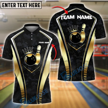 BlueJose Bowling And Pins Gold Crown Strike Design Customized Name, Team Name 3D Shirt (4 Colors)