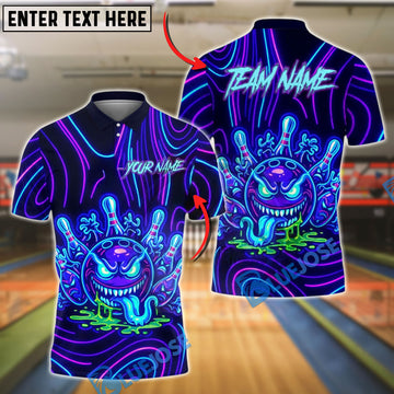 BlueJose Bowling And Pins Neon Evil Ball Glow Effect Customized Name, Team Name 3D Shirt (4 Colors)