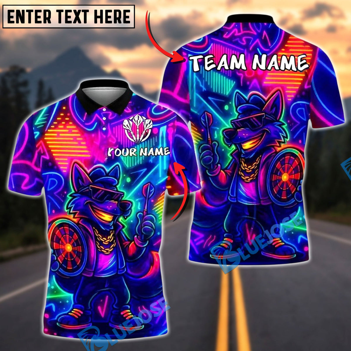 BlueJose Darts Neon Wolf Cool Graffiti Customized Name, Team Name 3D Shirt (4 Colors)