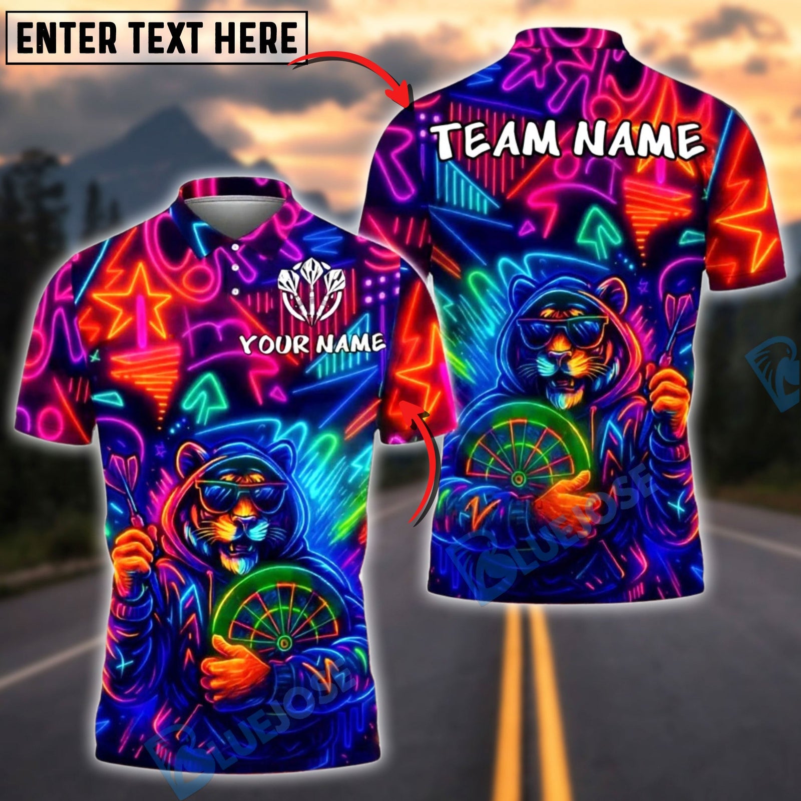 BlueJose Darts Neon Tiger Hoodie Graffiti Customized Name, Team Name 3D Shirt (4 Colors)