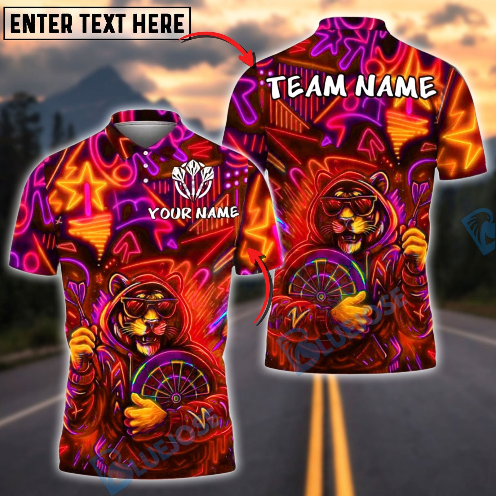 BlueJose Darts Neon Tiger Hoodie Graffiti Customized Name, Team Name 3D Shirt (4 Colors)