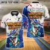 BlueJose Bowling And Pins Shark Cartoon Paint Design Customized Name, Team Name 3D Shirt (4 Colors)