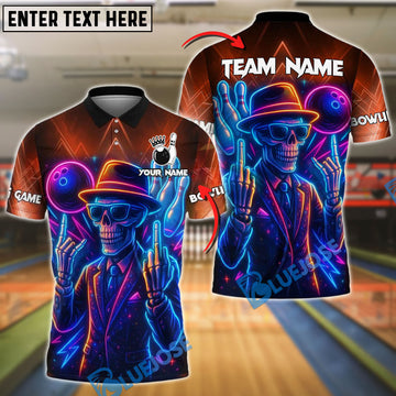 BlueJose Bowling And Pins Skeleton Neon Attitude Customized Name, Team Name 3D Shirt (4 Colors)
