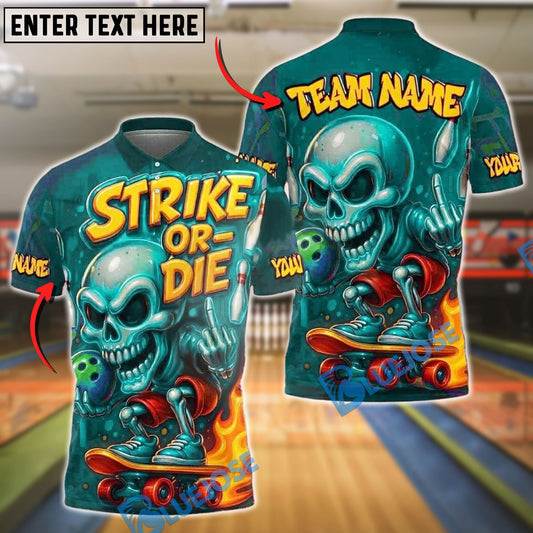 BlueJose Bowling And Pins Strike or Die Flaming Skeleton Skateboard Style Customized Name, Team Name 3D Shirt (4 Colors)