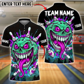 BlueJose Bowling And Pins Crazy Cartoon Skull Ball Customized Name, Team Name 3D Shirt (4 Colors)