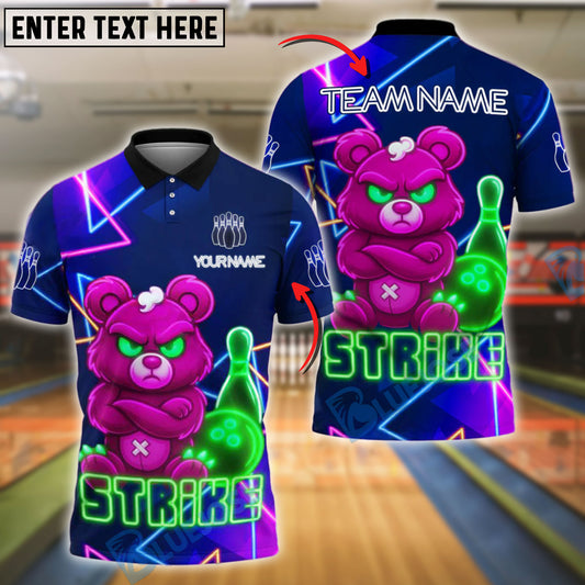 BlueJose Bowling And Pins Tough Bear Strike Neon Glow Customized Name, Team Name 3D Shirt (4 Colors)