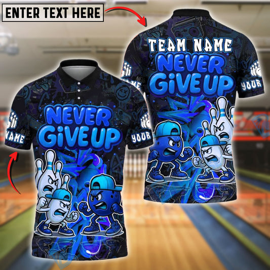 BlueJose Bowling And Pins Graffiti Never Give Up Customized Name, Team Name 3D Shirt (4 Colors)