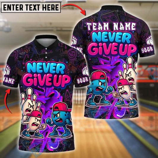 BlueJose Bowling And Pins Graffiti Never Give Up Customized Name, Team Name 3D Shirt (4 Colors)