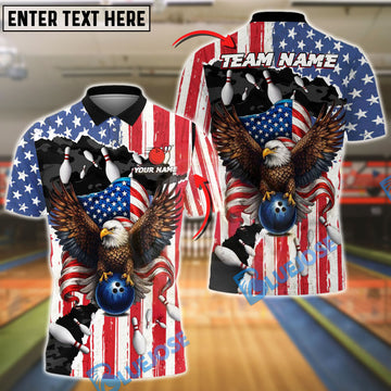 BlueJose Bowling And Pins Eagle American Flag Strike Customized Name, Team Name 3D Shirt