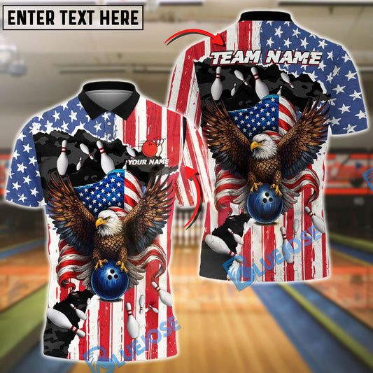 BlueJose Bowling And Pins Eagle American Flag Strike Customized Name, Team Name 3D Shirt