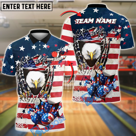 BlueJose Bowling And Pins Eagle Claw USA Flag Burst Customized Name, Team Name 3D Shirt