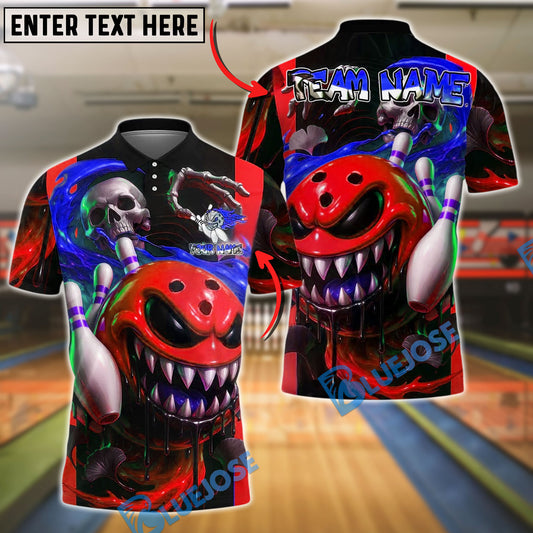 BlueJose Bowling And Pins Toxic Monster Skull Flame Customized Name, Team Name 3D Shirt (4 Colors)