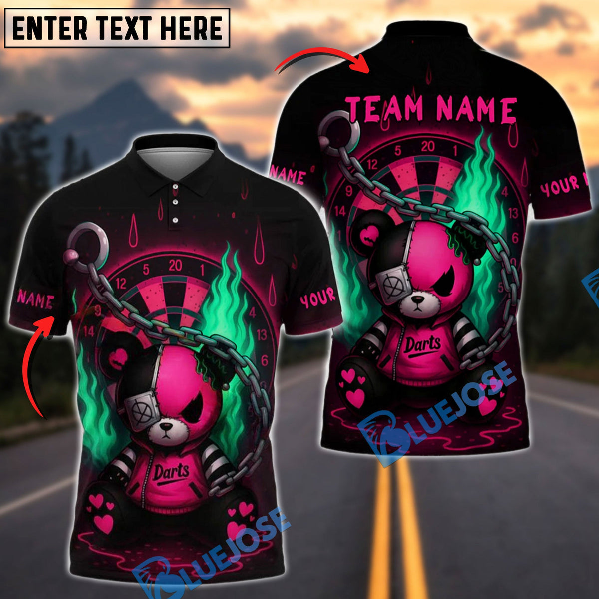 BlueJose Darts Teddy with Chains &amp; Flames Personalized Name, Team Name Shirt (4 Colors)