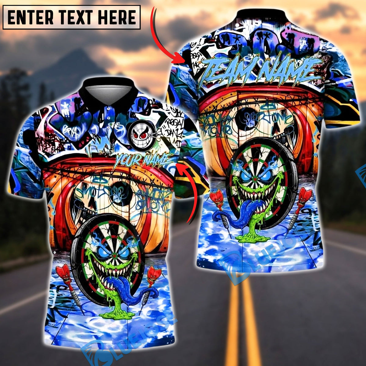 BlueJose Darts Graffiti Crazy Face Customized Name, Team Name 3D Shirt (4 Colors)