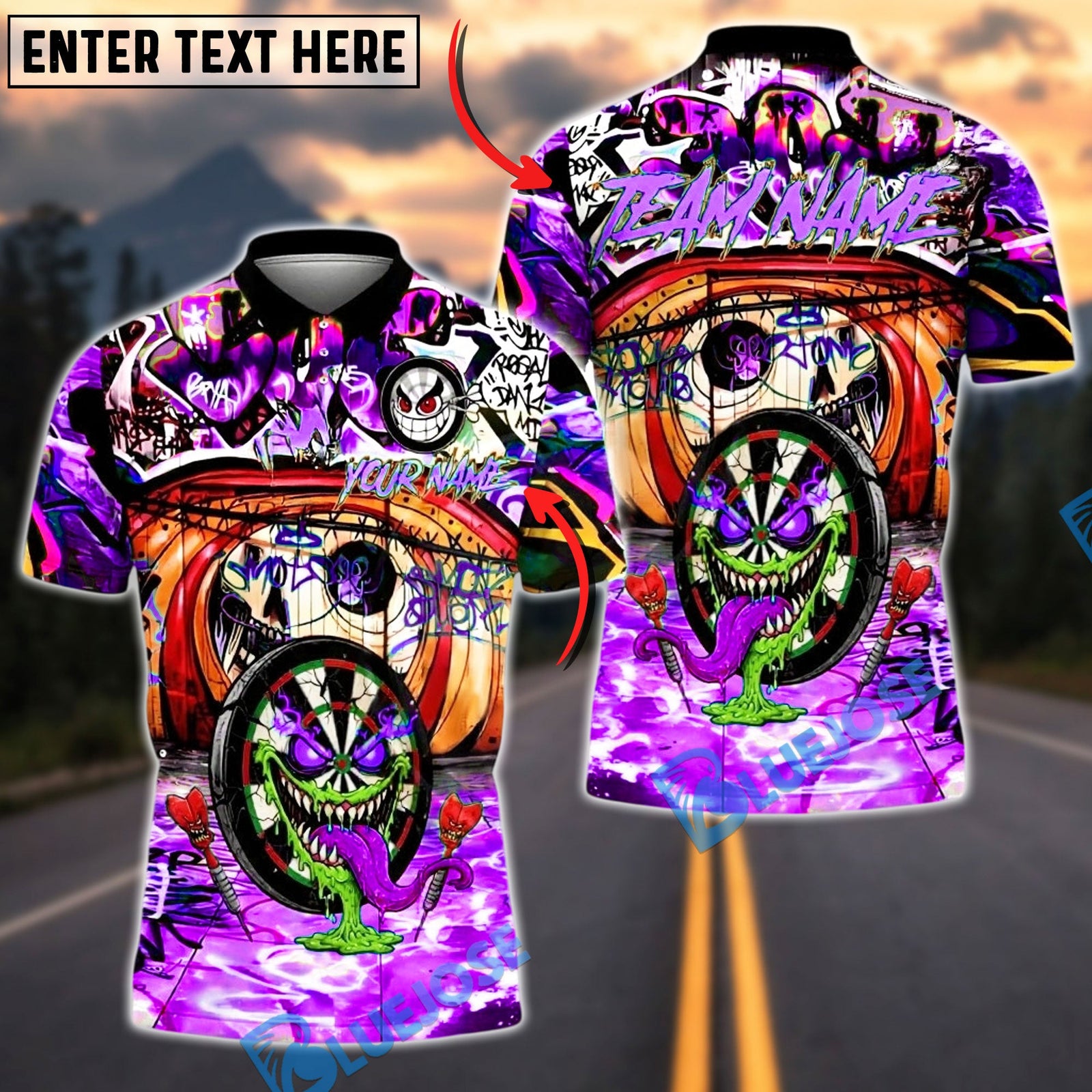 BlueJose Darts Graffiti Crazy Face Customized Name, Team Name 3D Shirt (4 Colors)
