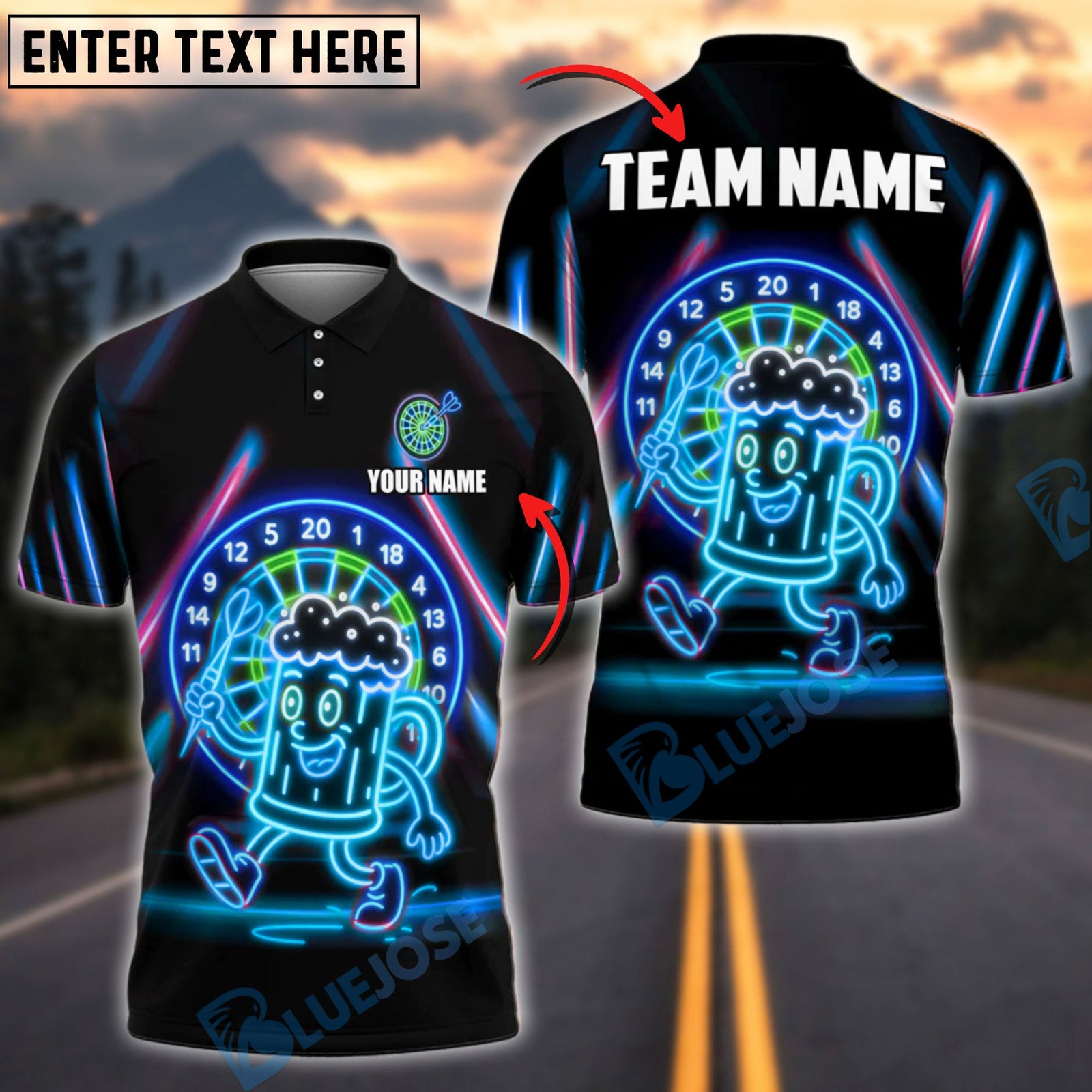 BlueJose Darts Funny Beer Neon Mascot Style Customized Name, Team Name 3D Shirt (4 Colors)