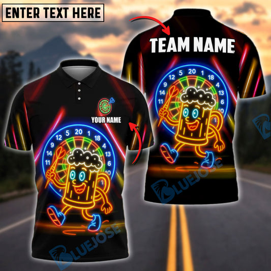 BlueJose Darts Funny Beer Neon Mascot Style Customized Name, Team Name 3D Shirt (4 Colors)
