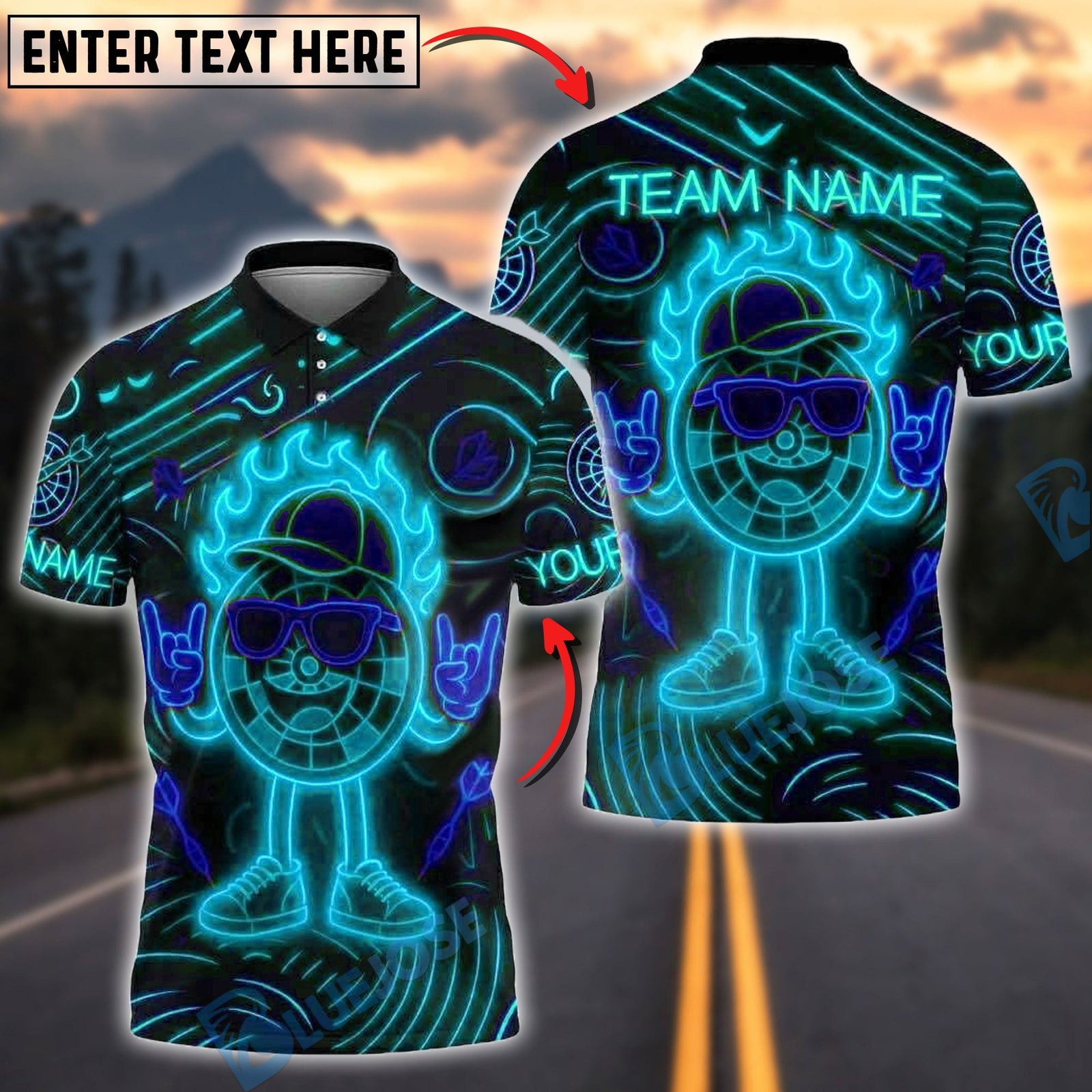 BlueJose Darts Rock n' Roll Flaming Neon Cool Design Customized Name, Team Name 3D Shirt (4 Colors)