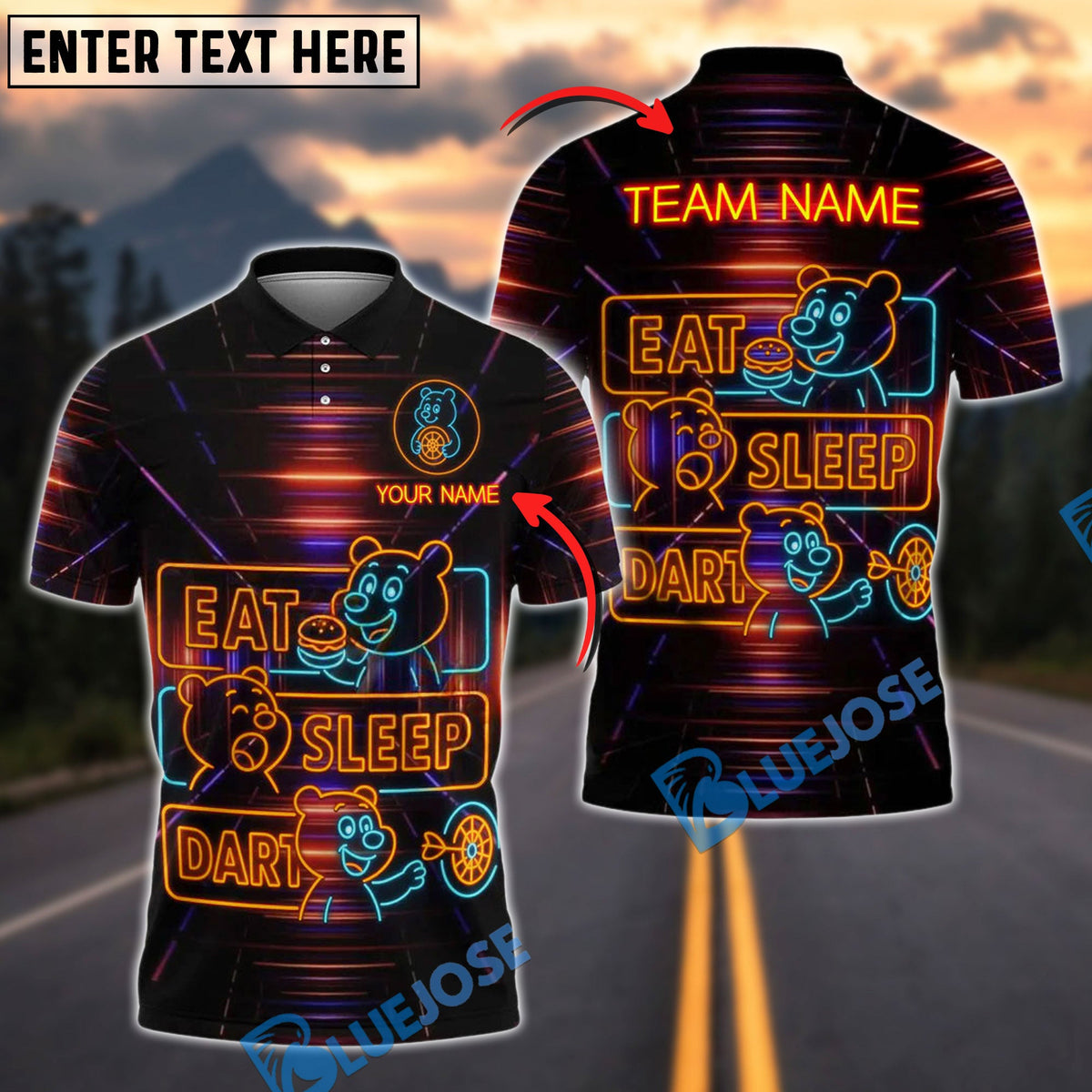 BlueJose Darts Neon Bear Eat Sleep Dart Personalized Name, Team Name Shirt (4 Colors)