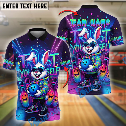 BlueJose Bowling And Pins Trust Yourself Bunny Neon Style Customized Name, Team Name 3D Shirt (4 Colors)