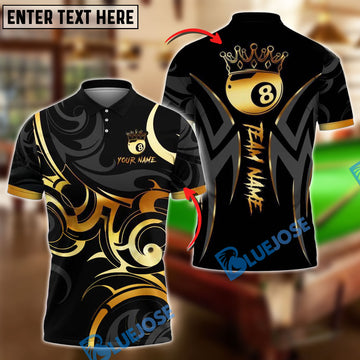 BlueJose Billiards Gold 8 Ball Crown Tribal Swirl Design Personalized Name Shirt (4 Colors)