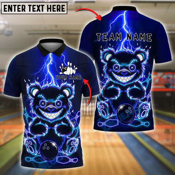 BlueJose Bowling And Pins Electric Bear Glowing Eyes Customized Name, Team Name 3D Shirt (4 Colors)